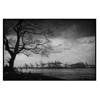 Seaport and Tree - Black and White Poster