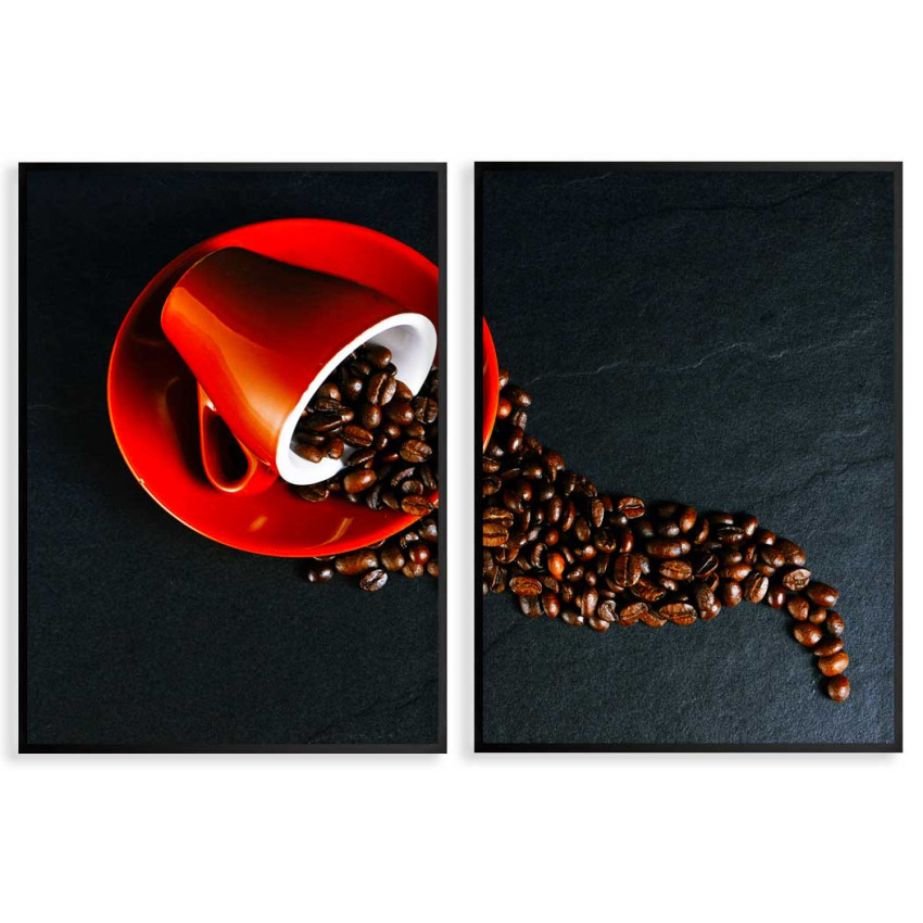 Red Coffee Cup and Coffee Beans - Poster in Two Pieces