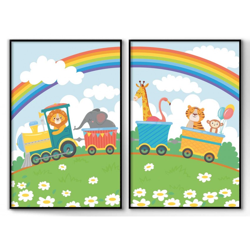 Cute Animals on a train - Kids Room Poster set