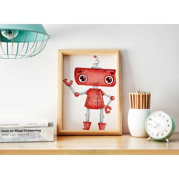 Röd & tecknad robot - Barntavla