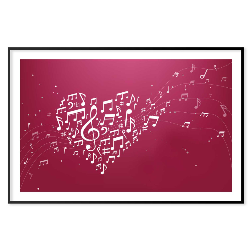 Rosa musiknoter & hj&auml;rta - Musik tavla