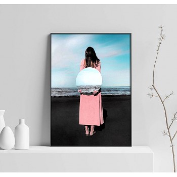 Kvinna på Strand med Spegel - Abstrakt Poster