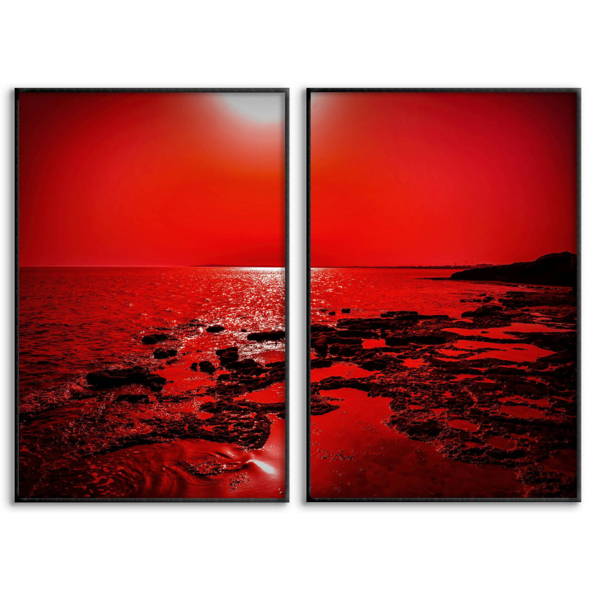 Strand och solnedgång - Röd tavla i två delar