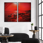 Strand och solnedgång - Röd tavla i två delar