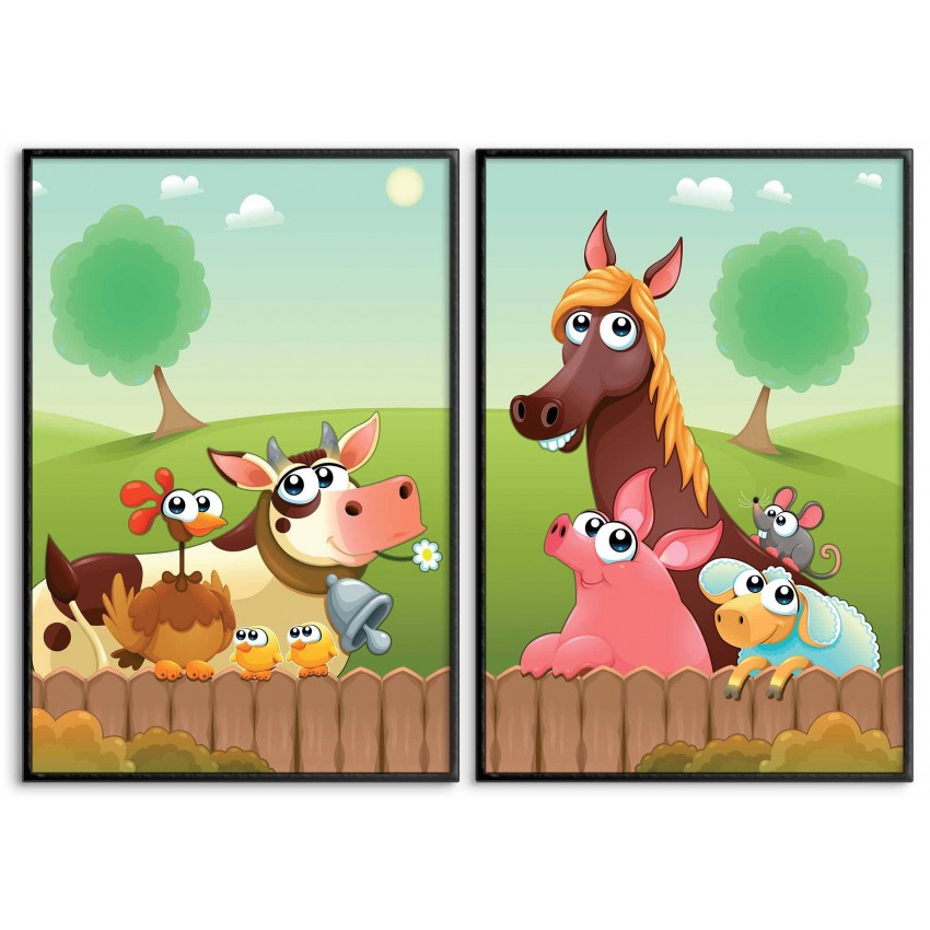 Glada tecknade djur vid farm - Barntavla i två delar