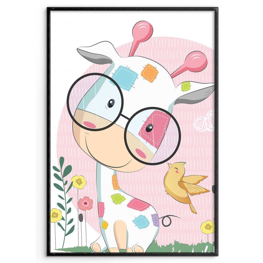 Glad & söt giraff med glasögon - Färgstark barntavla