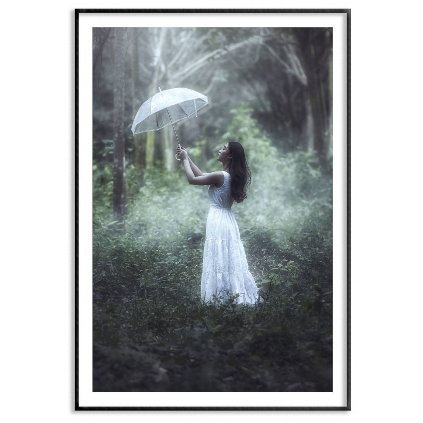 Flicka med paraply i skogen - Fashion poster