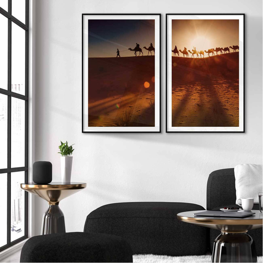 Camels in the desert - Exotic poster in two pieces