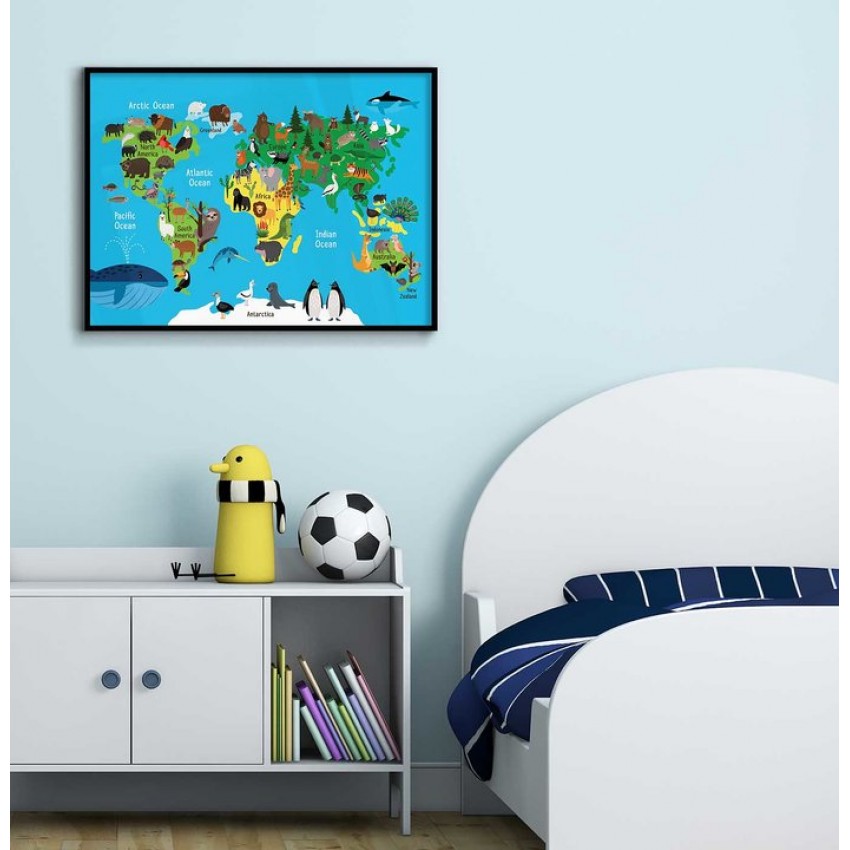 Colorful map of the world with animals - Kids poster