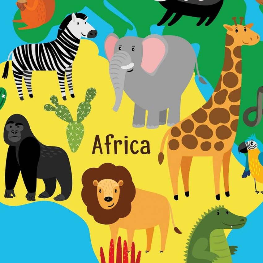 Colorful map of the world with animals - Kids poster