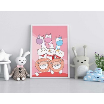 Lejon, katter & giraffer - Söt rosa barntavla Lejon, katter & giraffer - Söt rosa barntavla