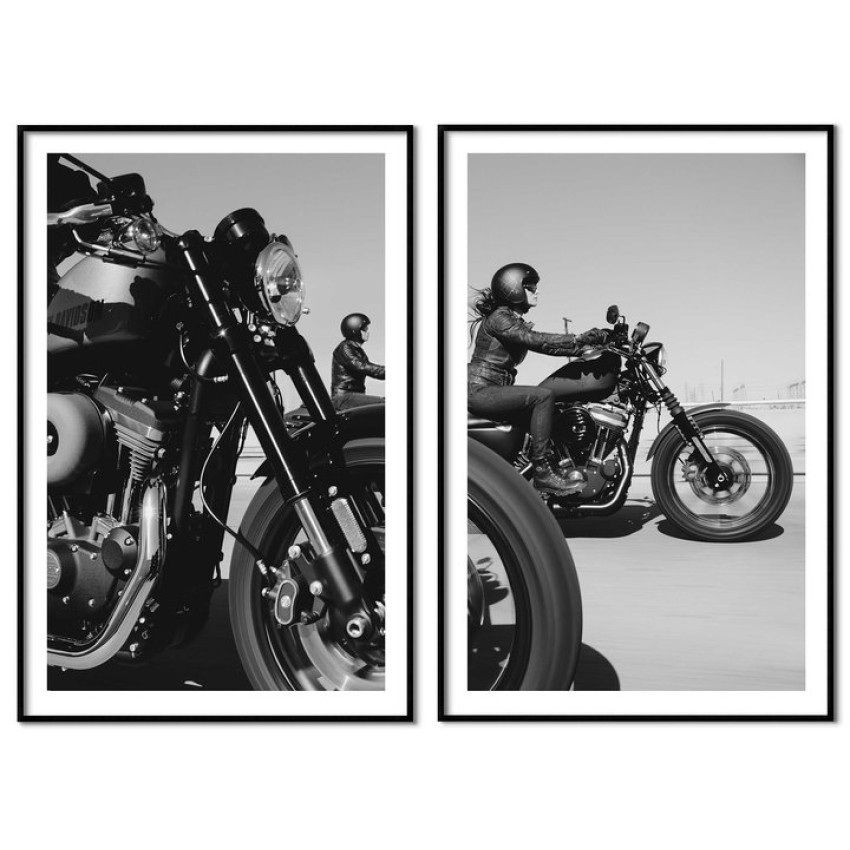 Motorcyklar på väg - Svartvit tvådelad tavla