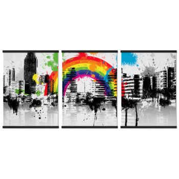 Abstrakt stad med regnb&aring;ge - Stor poster tavla i tre delar