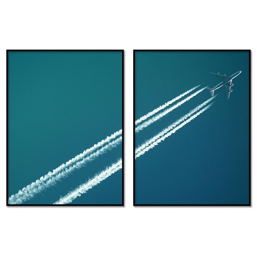 Flygplan i skyn - Tvådelad turkos poster tavla