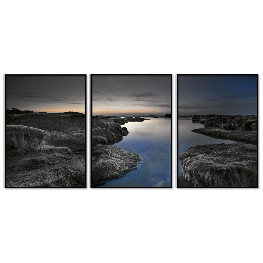 Vackert naturlandskap - Svartvit tavla med färg i tre delar