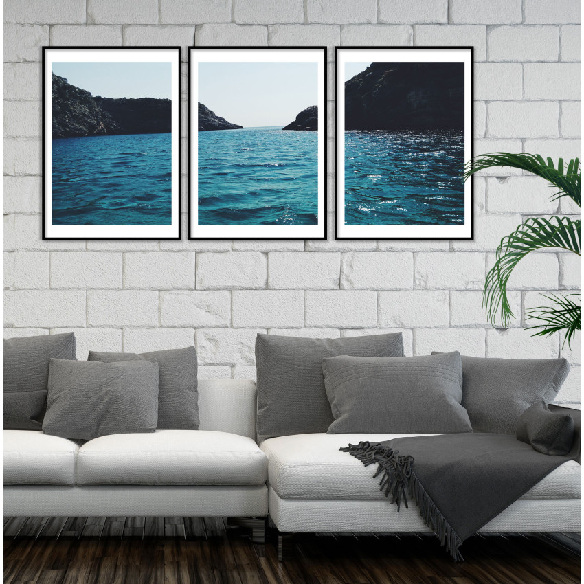 Black and White Blue Three Piece Poster - Beautiful Sea