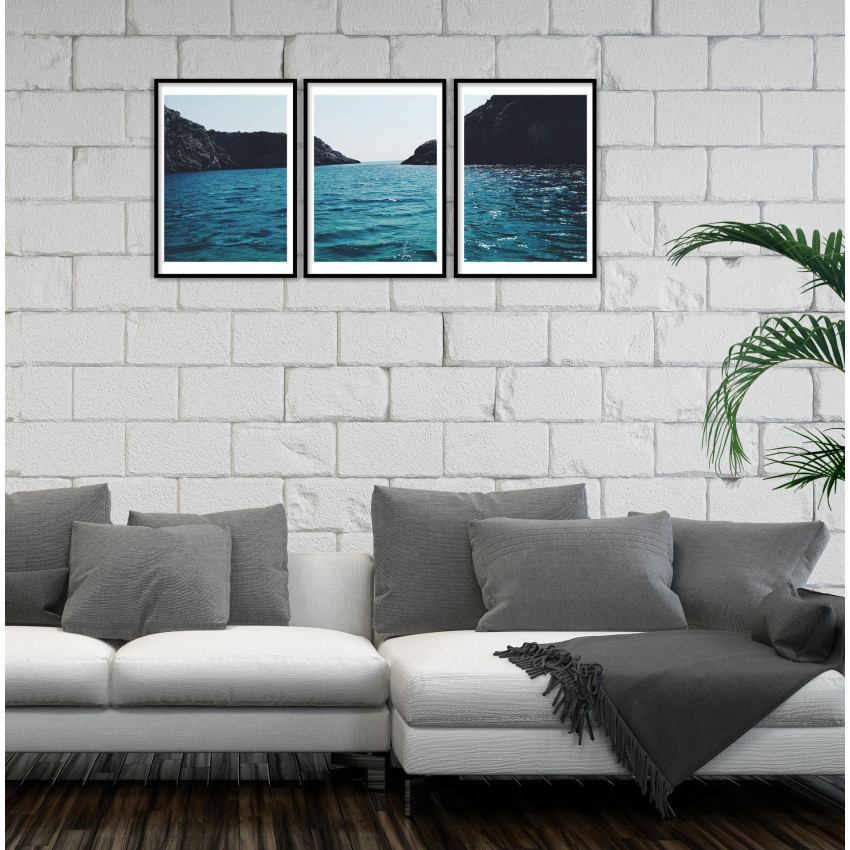 Black and White Blue Three Piece Poster - Beautiful Sea