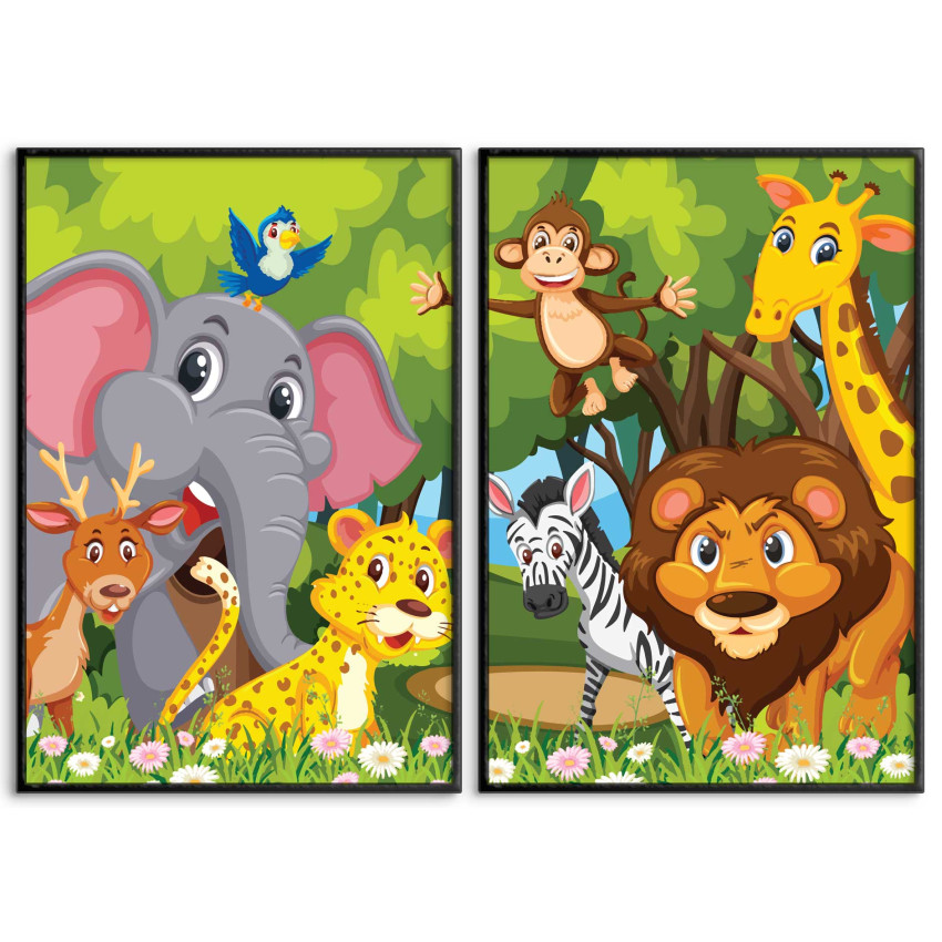 Cute Animals in the Jungle 50x70cm x 2 Kids Room Poster set