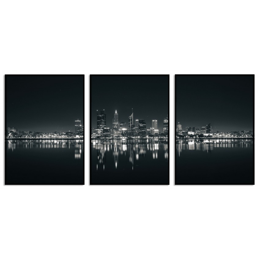 Stadsmotiv panorama - Stor svartvit tavla i tre delar