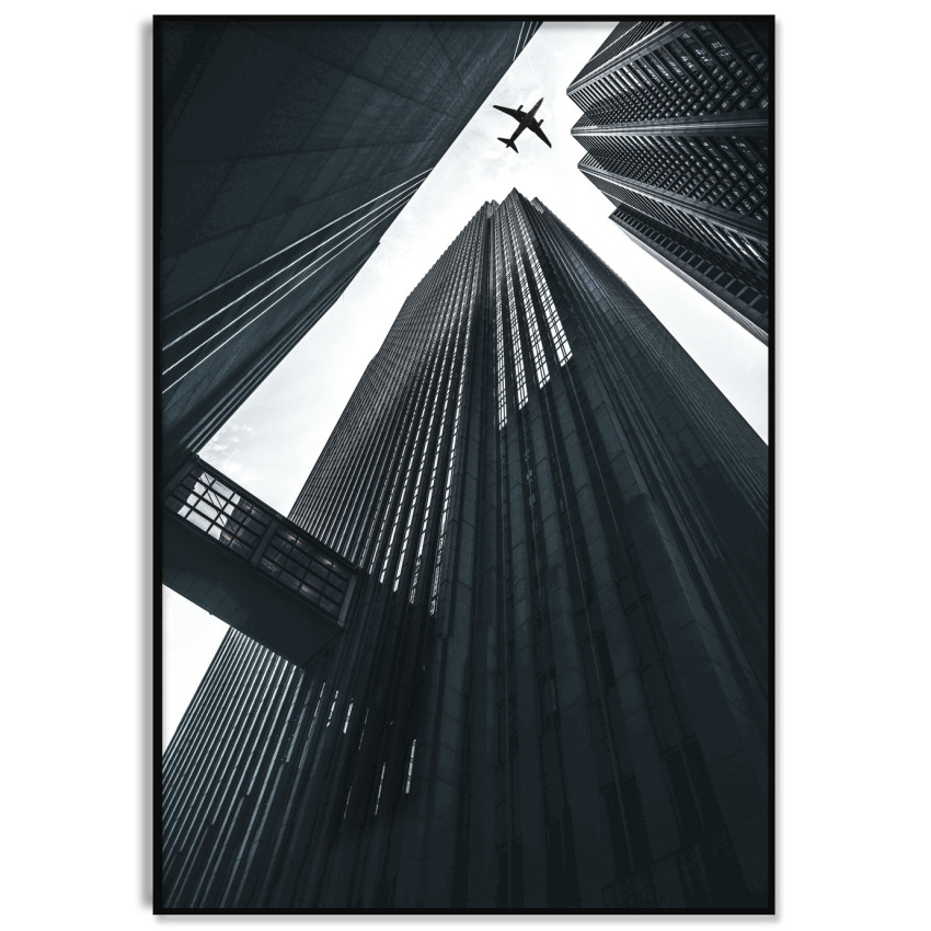 Skyscrapers and Airplane - Black and White Poster