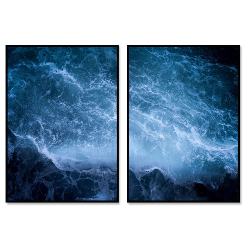 Tavla i två delar - Havsmotiv av blå vågor