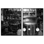 Vintage Automobile in Workshop - Black and White Poster