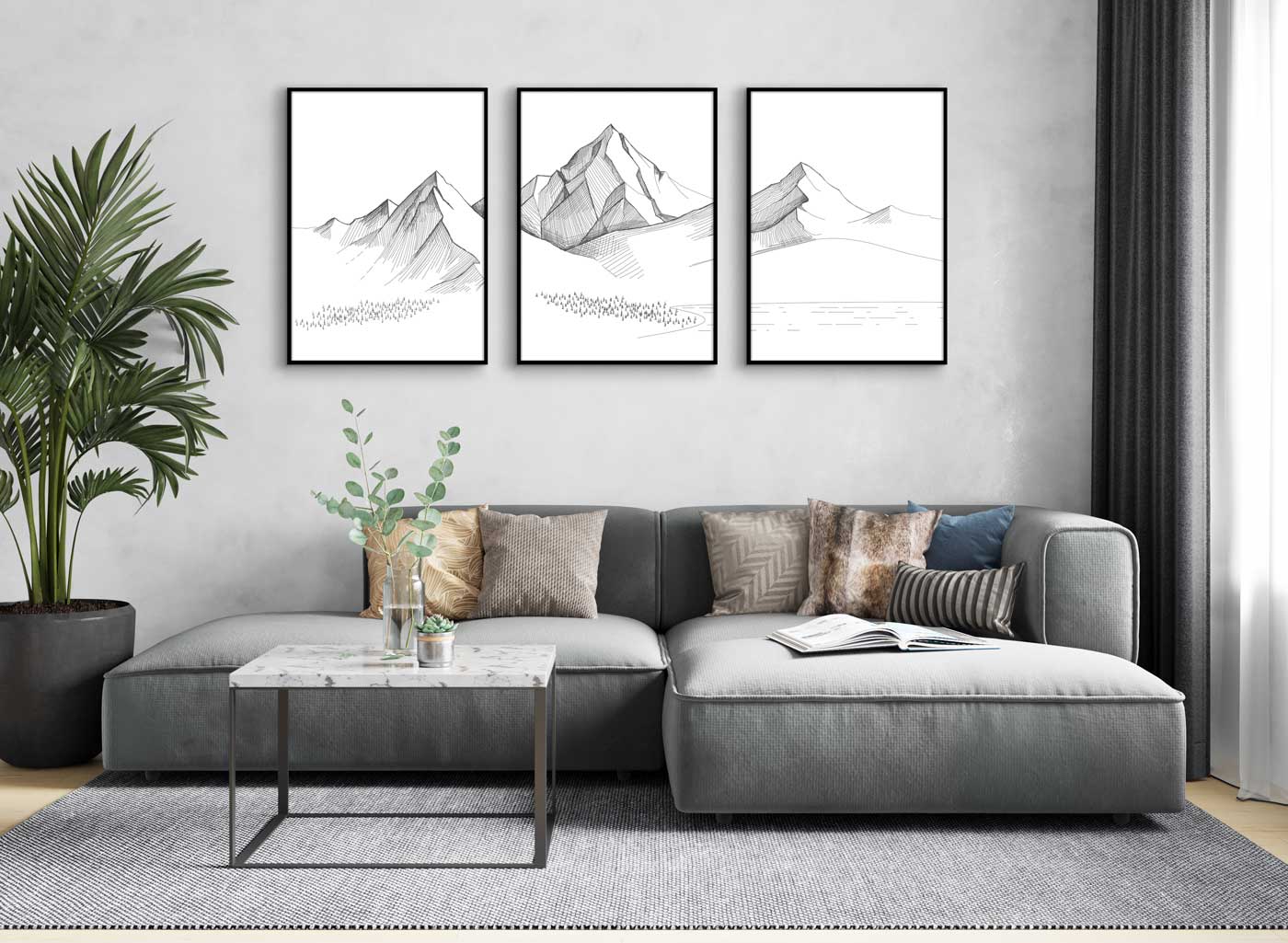 illustrerade tavlor med bergsmotiv